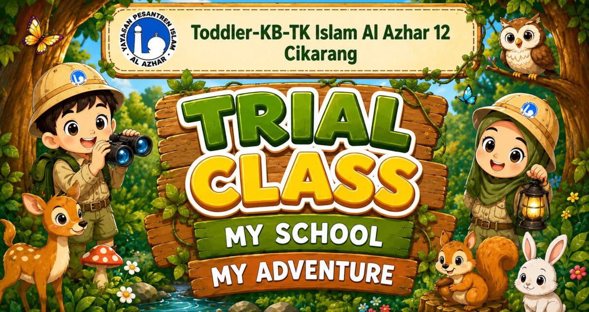 Poster promosi kegiatan Trial Class "My School, My Adventure" di TK Islam Al Azhar 12 Cikarang.